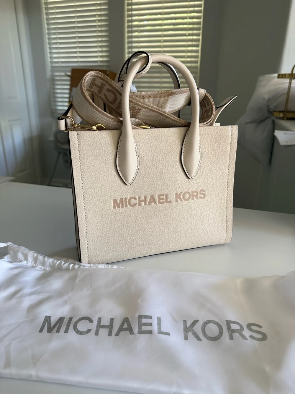Michael Kors Beige/Cream Leather Satchel with Logo Strap